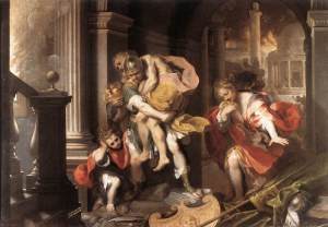 This painting by Federico Barocci depicts Brutus' great-grandfather, Aeneas, fleeing from Troy with his father Anchises on his shoulders.